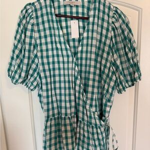 LOFT Green Gingham Wrap Top